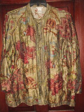 Citron Santa Monica Plus Sz 1X Linen Blouse Kimono Jacket Floral Tapestry Asian